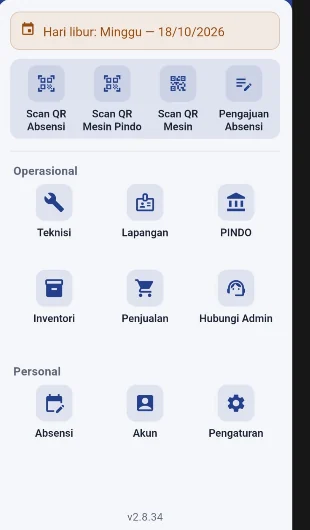 Fajar mobile app: attendance, machine scans, and shortcuts for technician, field, inventory, and sales work.