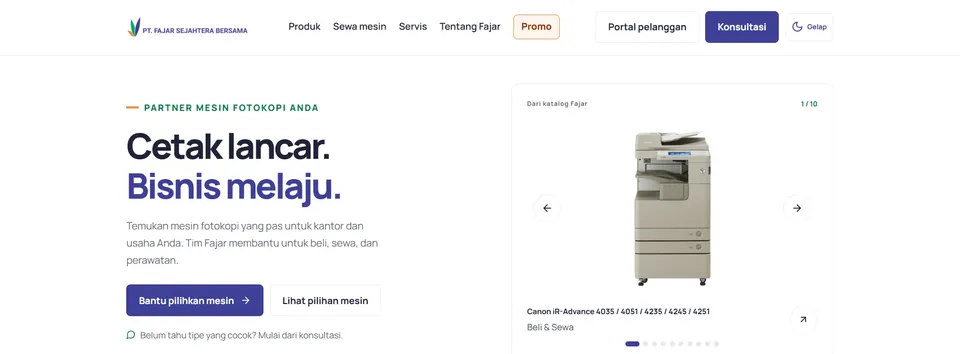 Company site for PT. Fajar Sejahtera Bersama: a photocopier catalog and a way to start a consultation.