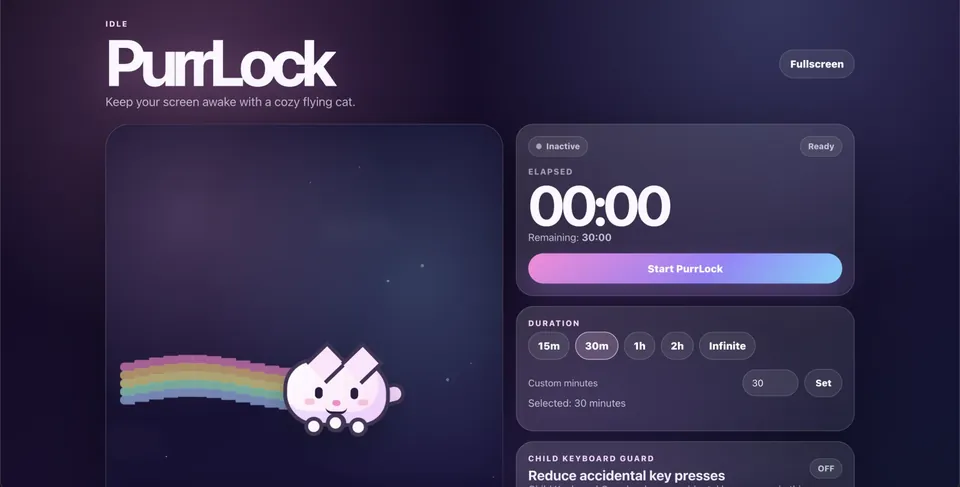 Purrlock: a flying cat and a timer that keeps the screen awake.
